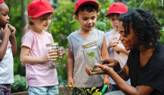 Professora e alunos em um parque com área verde olhando para potes de vidro com plantas.