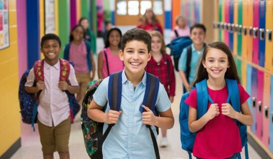 Um grupo de alunos sorridentes olhando para a câmera e carregando mochilas nas costas em um ambiente escolar colorido e divertido.