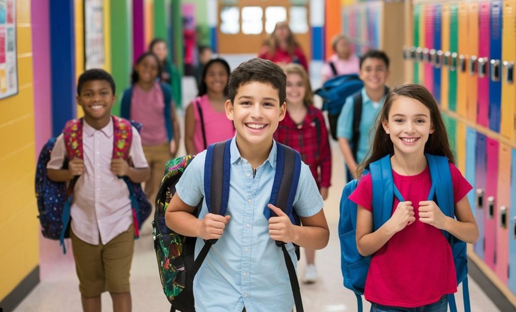 Um grupo de alunos sorridentes olhando para a câmera e carregando mochilas nas costas em um ambiente escolar colorido e divertido.