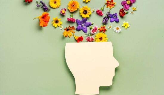 Uma silhueta de cabeça em perfil, feita de papel recortado, com flores coloridas brotando do topo, simbolizando pensamento positivo e saúde mental.